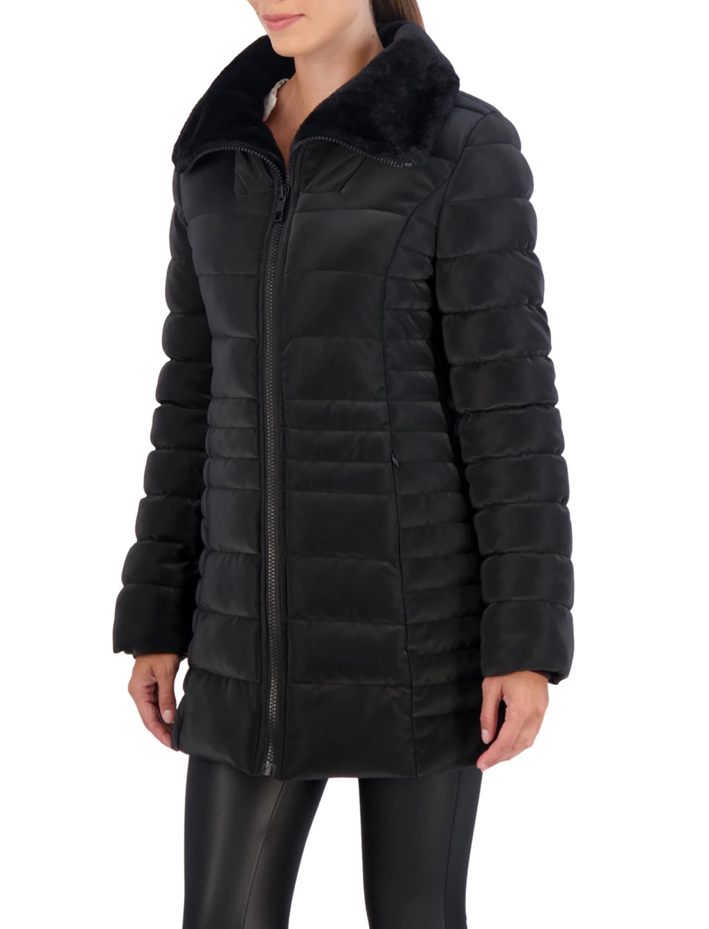 Quilted Carbon Puffer Stadium Coat w Faux Fur Collar