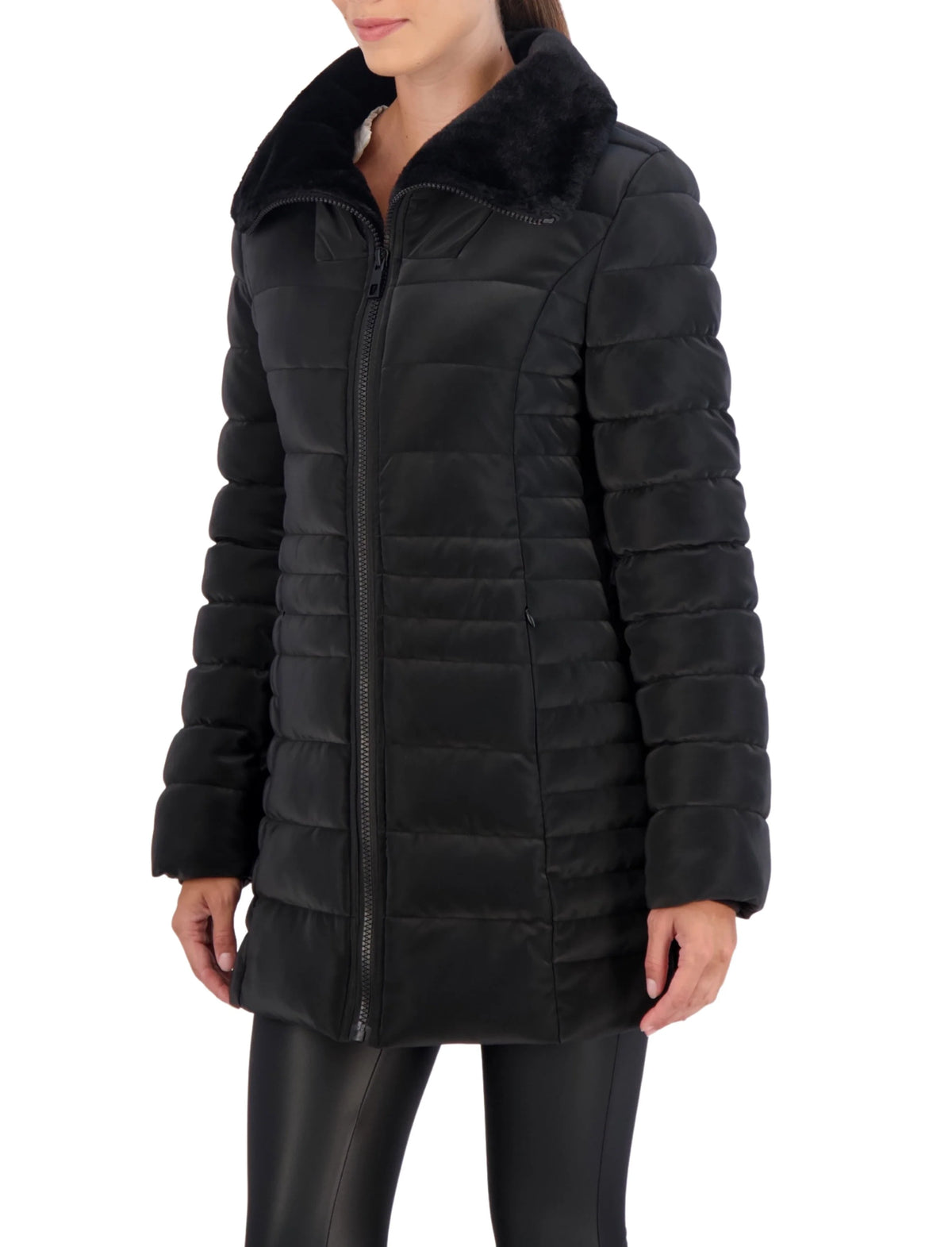 Quilted Carbon Puffer Stadium Coat w Faux Fur Collar