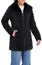 Quilted Carbon Puffer Stadium Coat w Faux Fur Collar