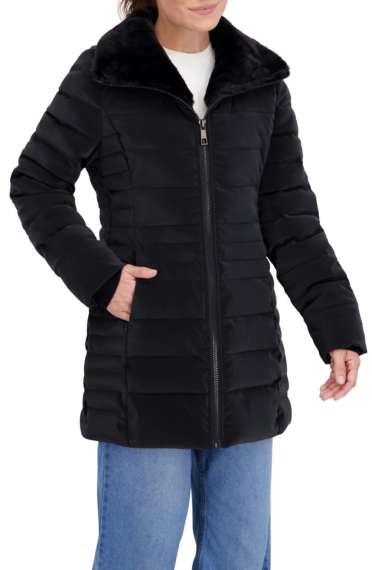 Quilted Carbon Puffer Stadium Coat w Faux Fur Collar