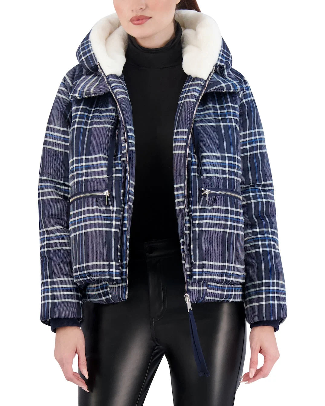 Cropped Plaid Utility Puffer