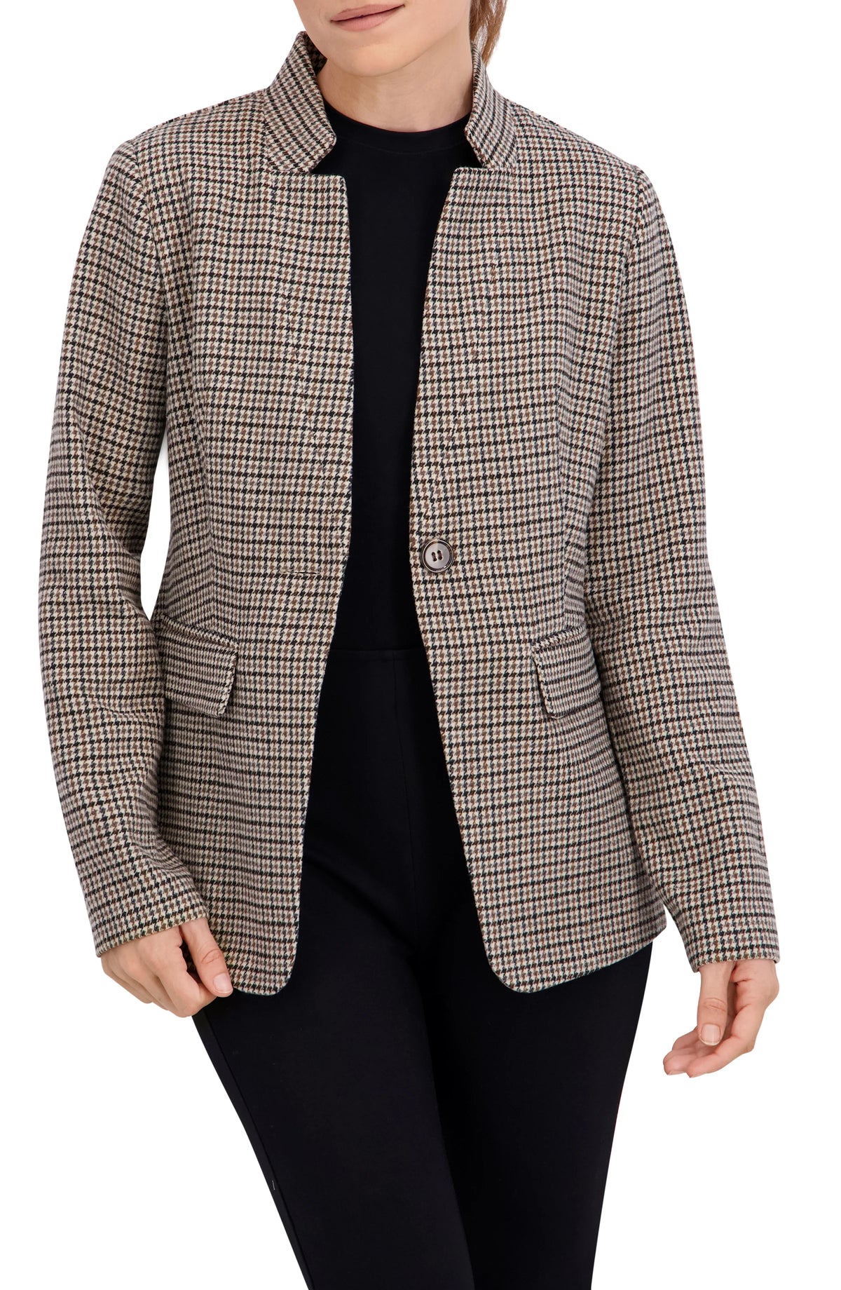 Inverted Collar Plaid One Button Unlined Blazer