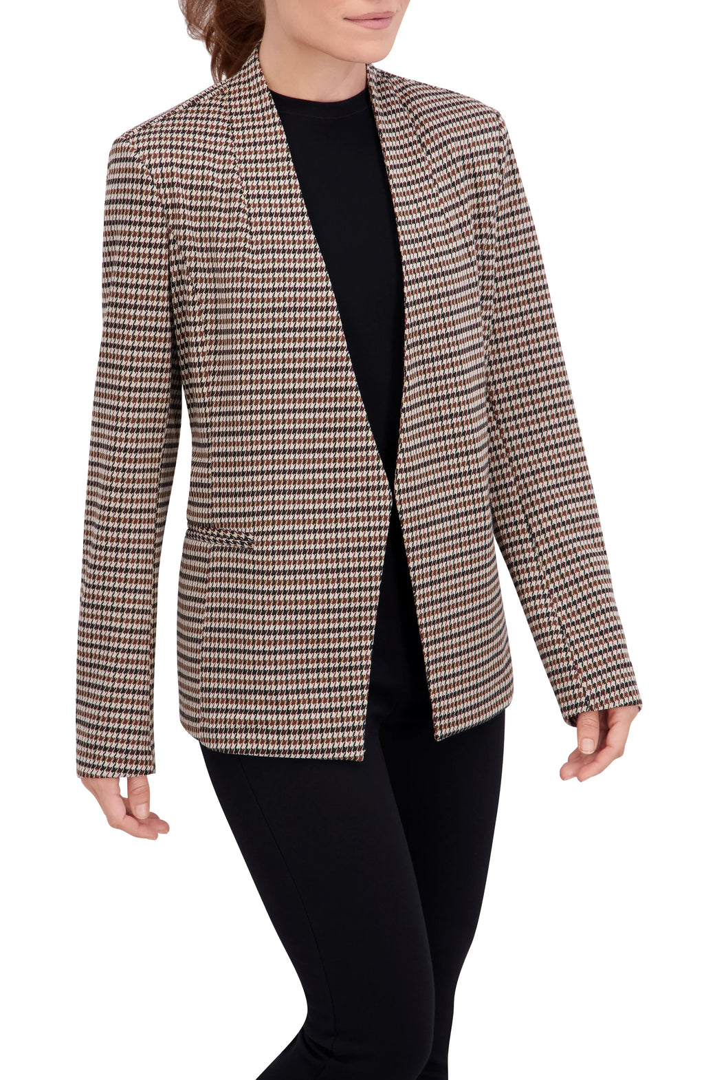 Collarless Open Front Menswear Plaid Unlined Blazer
