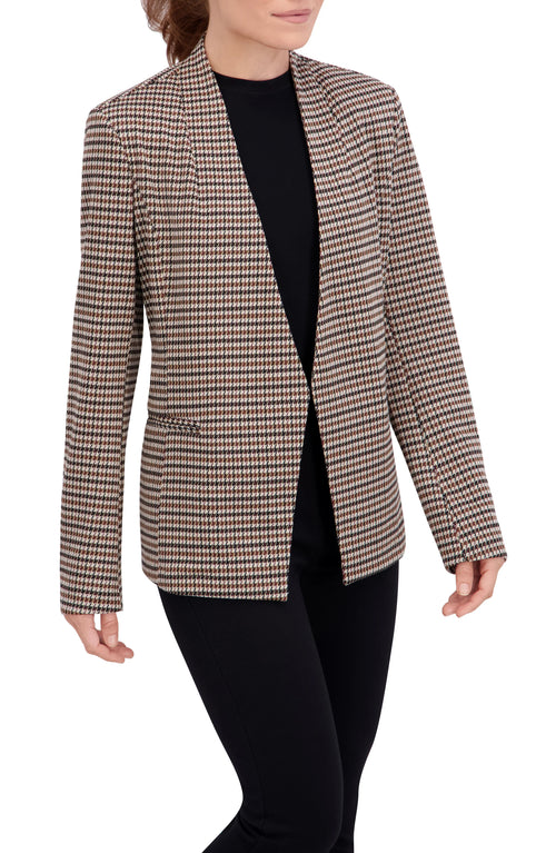 Collarless Open Front Menswear Plaid Unlined Blazer