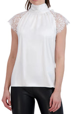 Sleeveless satin tie back turtleneck with lace trim