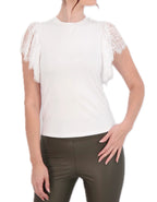 Crew Neck Top with Lace Shoulder Detail