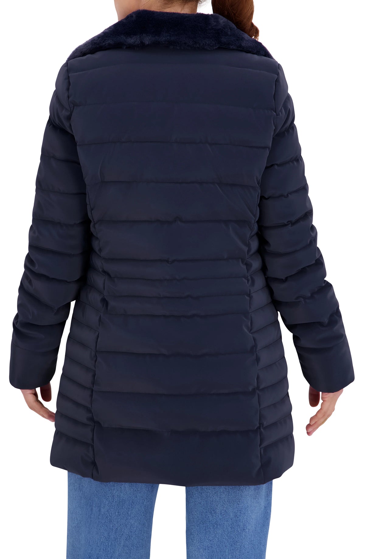 Quilted Carbon Puffer Stadium Coat w Faux Fur Collar