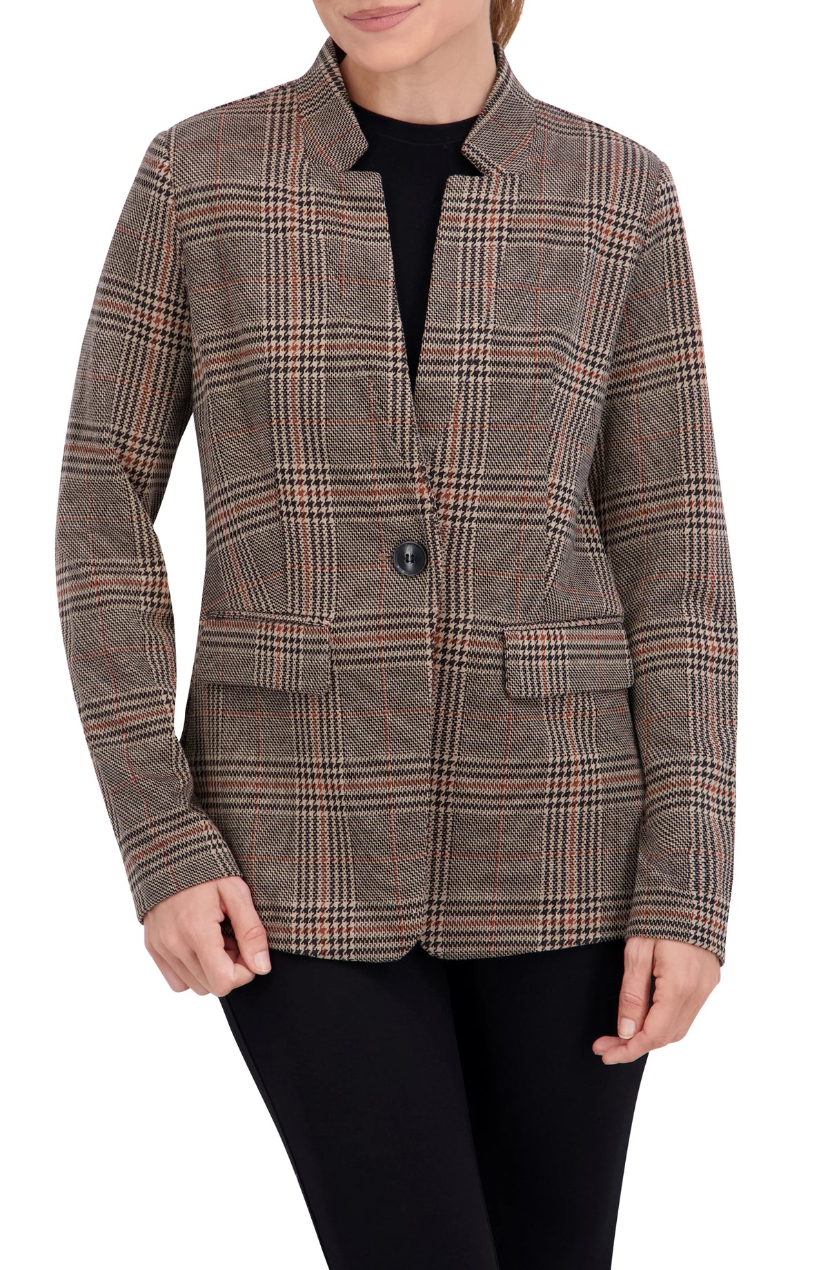 Inverted Collar Plaid One Button Unlined Blazer