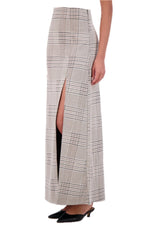 Plaid knit high waisted maxi skirt with front vent