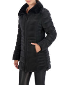Quilted Carbon Puffer Stadium Coat w Faux Fur Collar