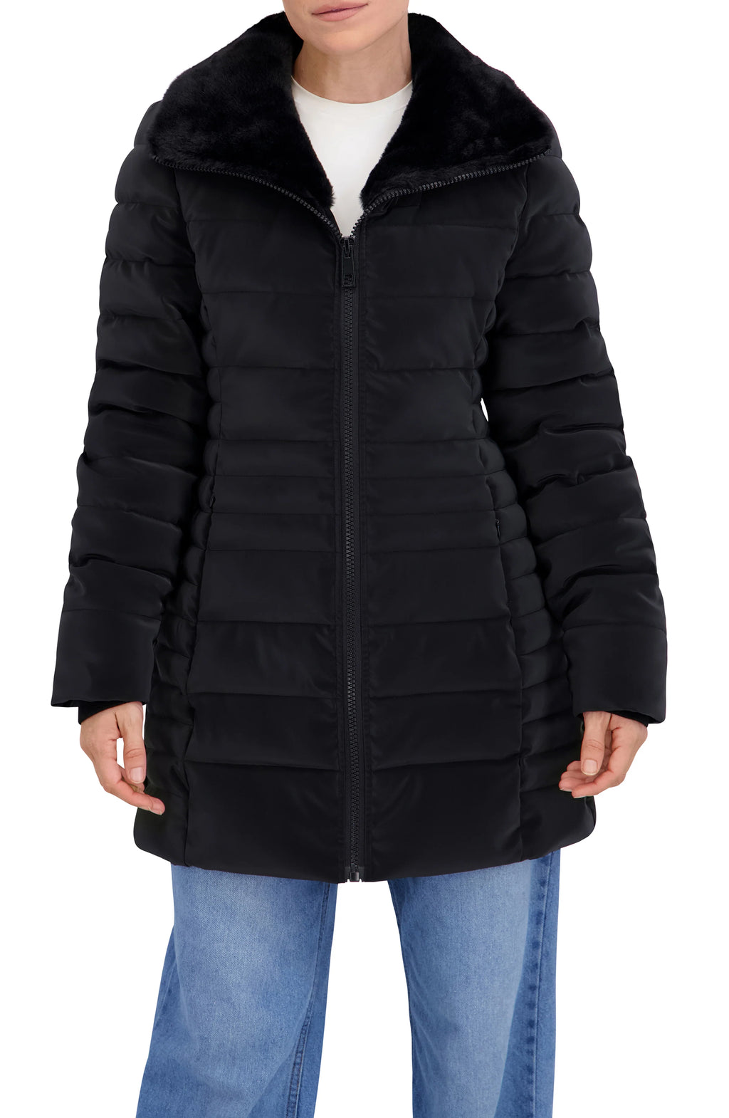 Quilted Carbon Puffer Stadium Coat w Faux Fur Collar