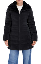 Quilted Carbon Puffer Stadium Coat w Faux Fur Collar