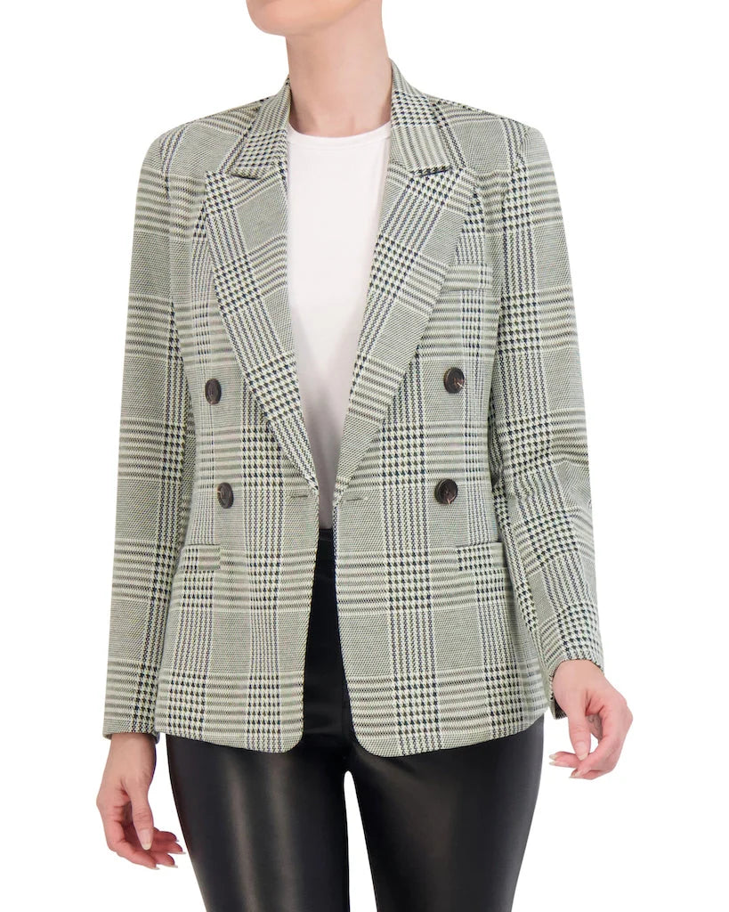 Double Breasted Plaid Knit Unlined Blazer