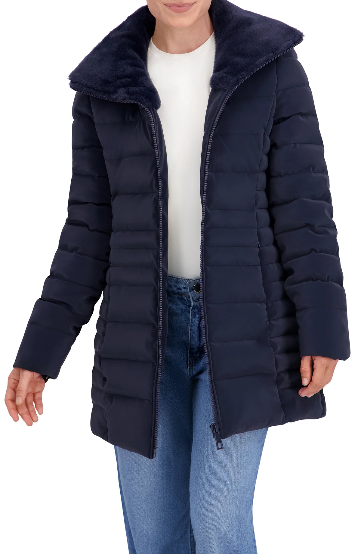 Quilted Carbon Puffer Stadium Coat w Faux Fur Collar