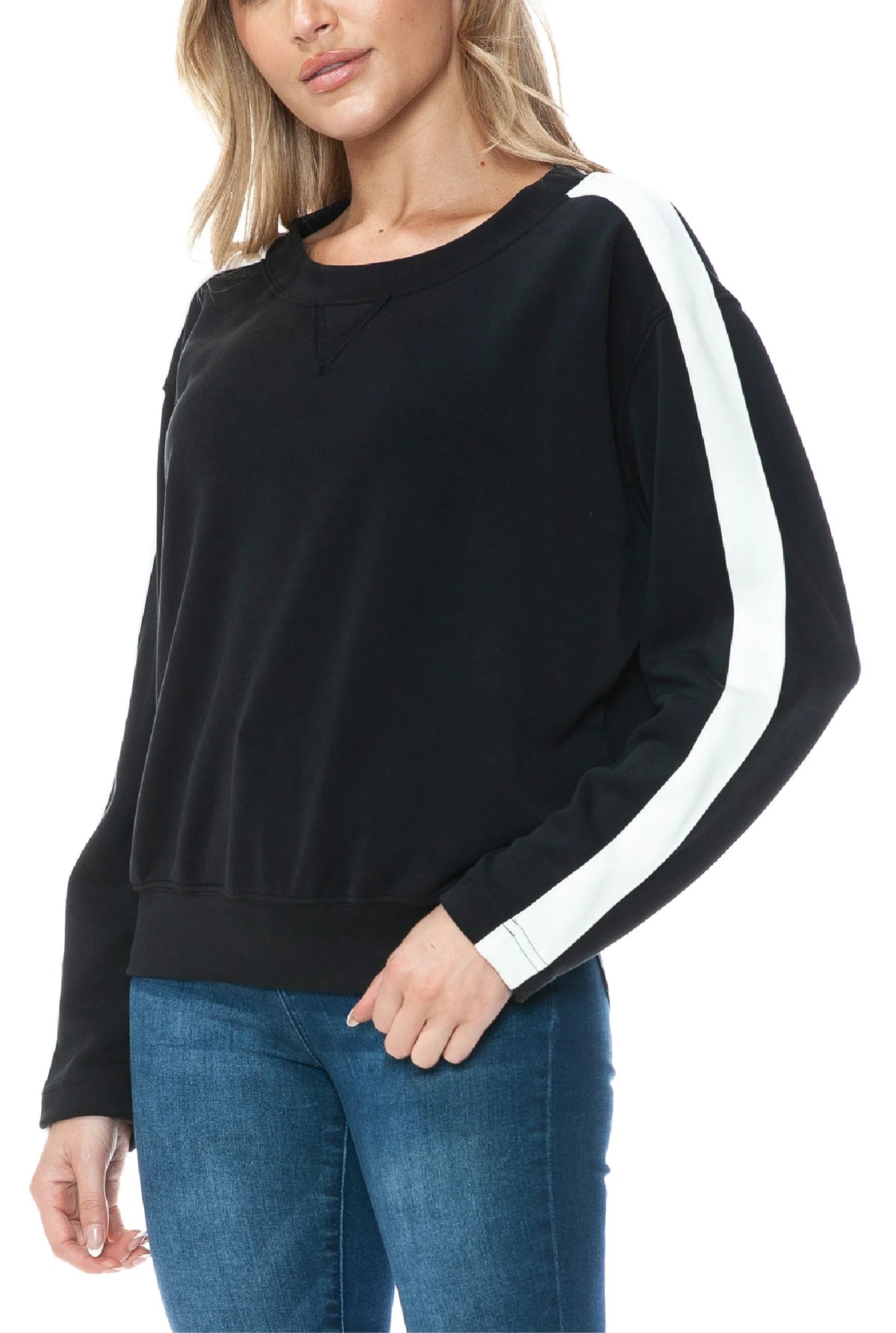 Modal Scuba Knit Crew Neck w Stripe Sleeve