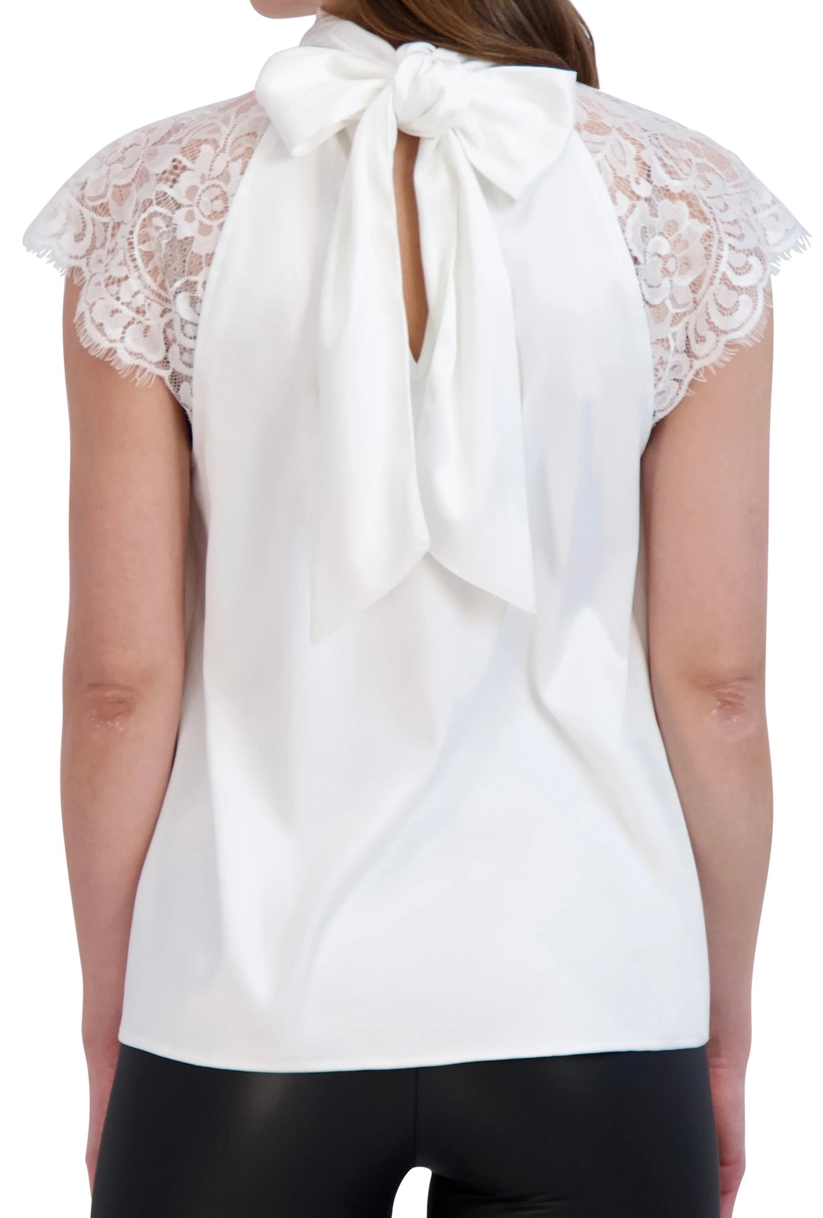 Sleeveless satin tie back turtleneck with lace trim