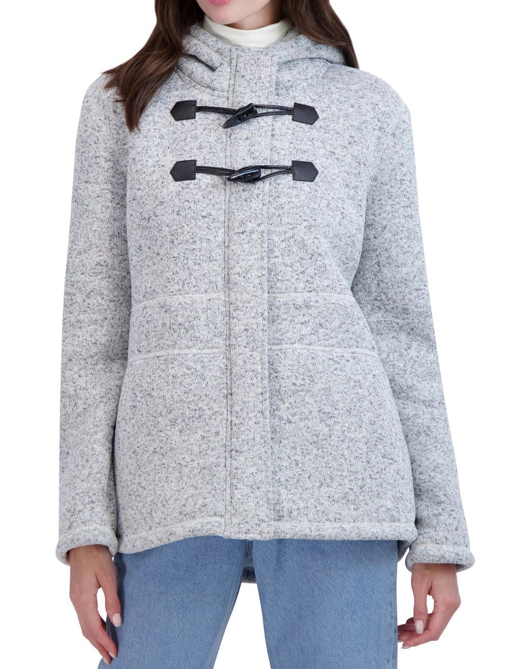 Sweater Bonded to Sherpa Hooded Zip Front Jacket with Toggle Closure