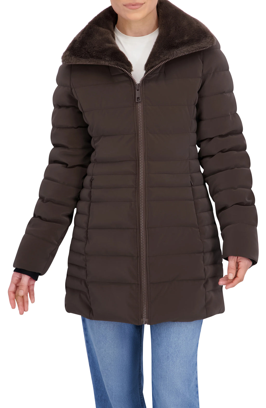 Quilted Carbon Puffer Stadium Coat w Faux Fur Collar