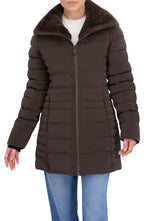 Quilted Carbon Puffer Stadium Coat w Faux Fur Collar