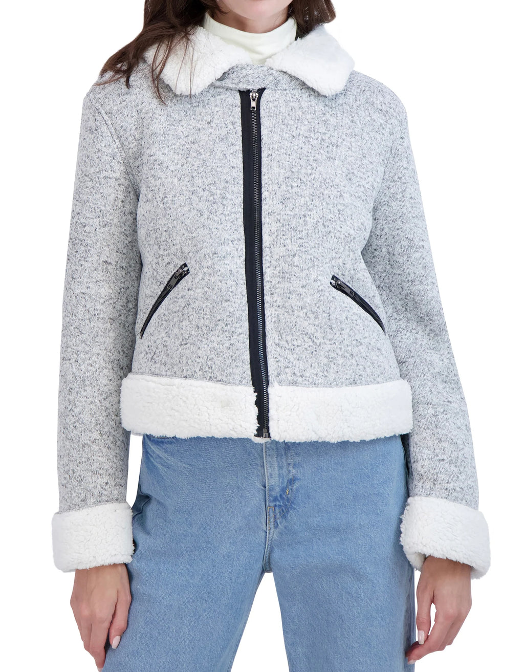 Sweater Bonded to Sherpa CF Zip Moto with Detach Hood