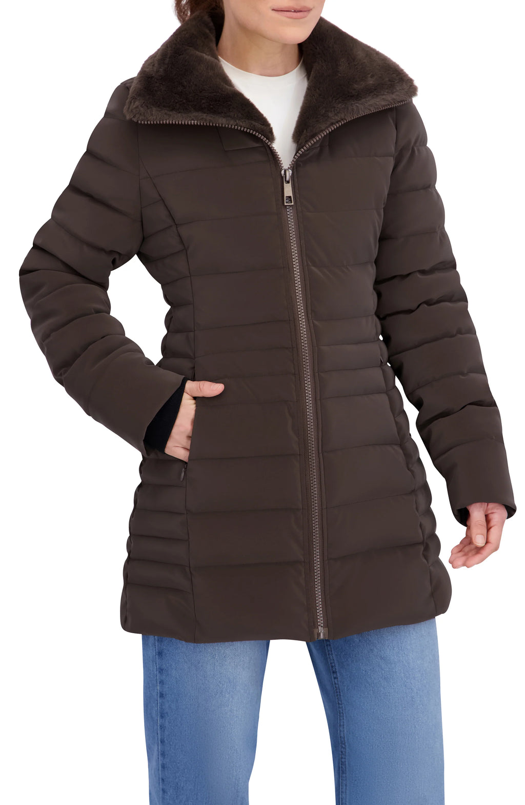 Quilted Carbon Puffer Stadium Coat w Faux Fur Collar