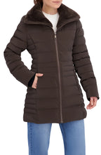 Quilted Carbon Puffer Stadium Coat w Faux Fur Collar