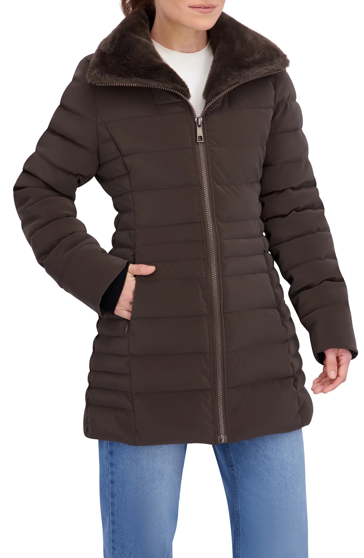 Quilted Carbon Puffer Stadium Coat w Faux Fur Collar