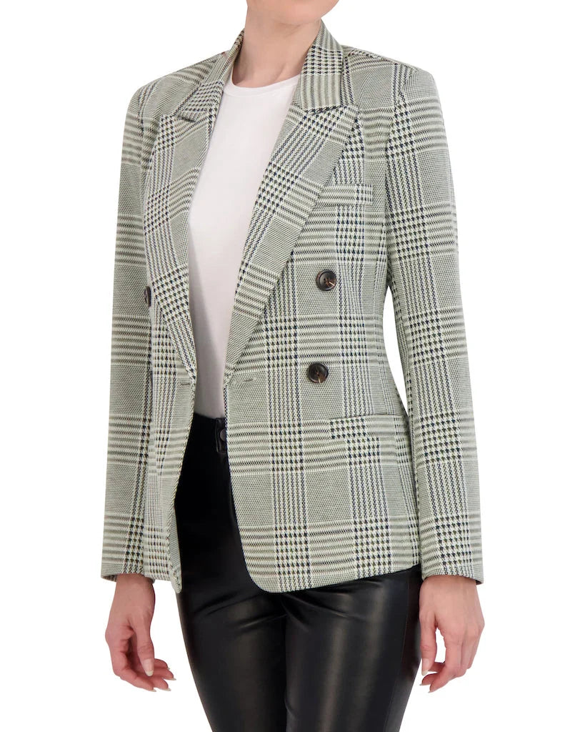 Double Breasted Plaid Knit Unlined Blazer