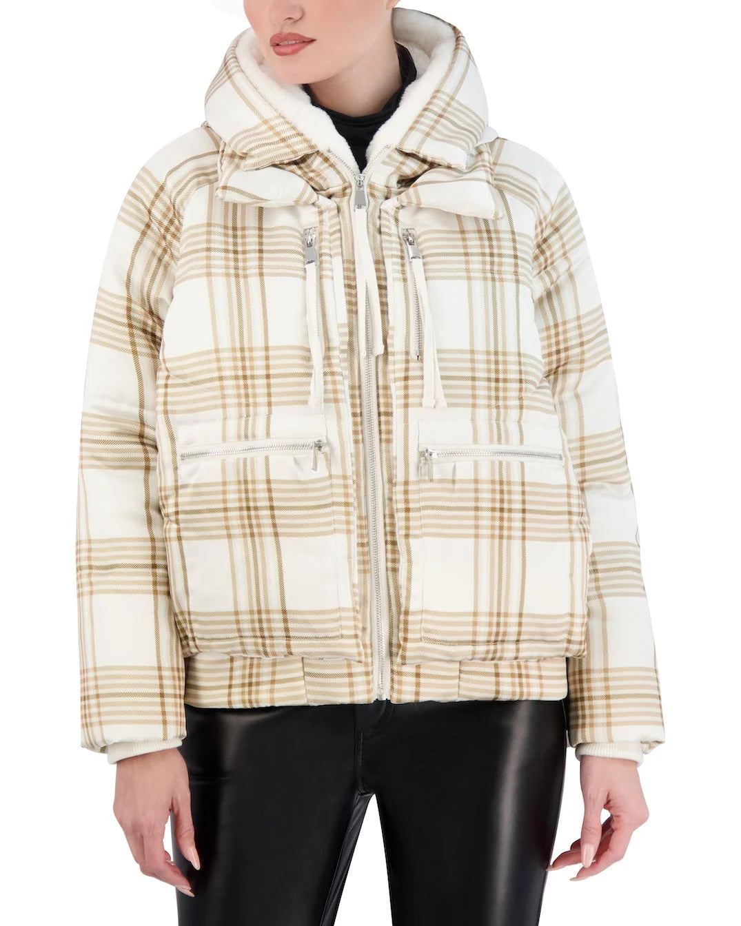 Cropped Plaid Utility Puffer